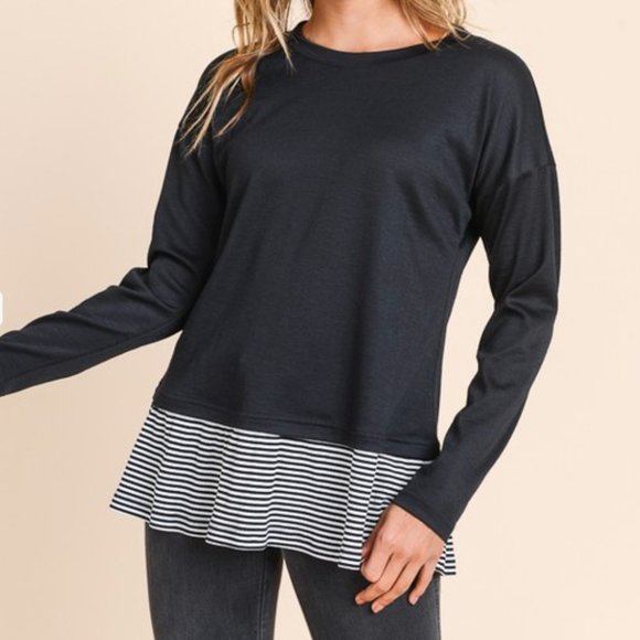 Doe & Rae Tops - Black Long Sleeve Top with Striped Bottom